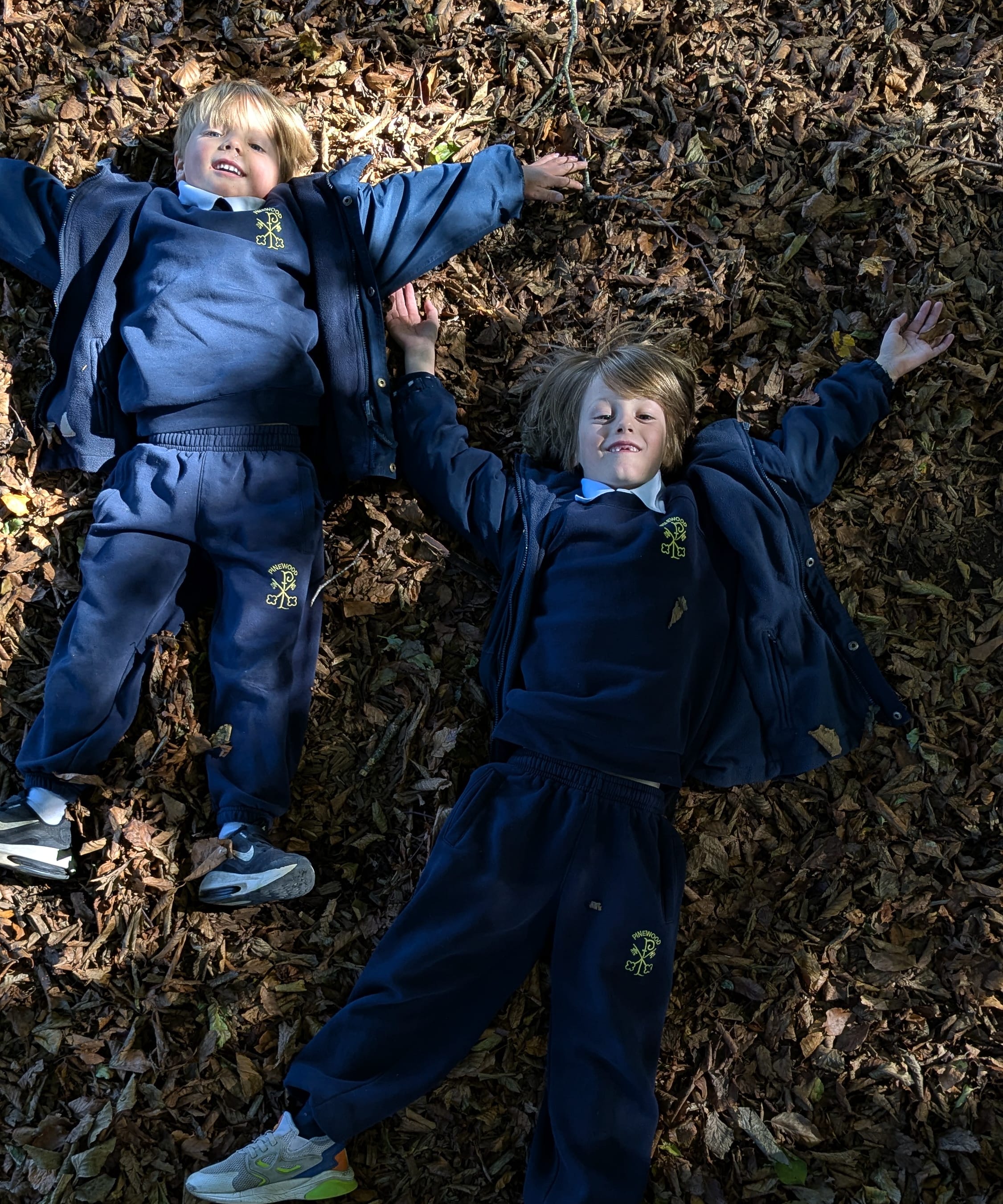 Two boys lying on a bed of autumn leaves