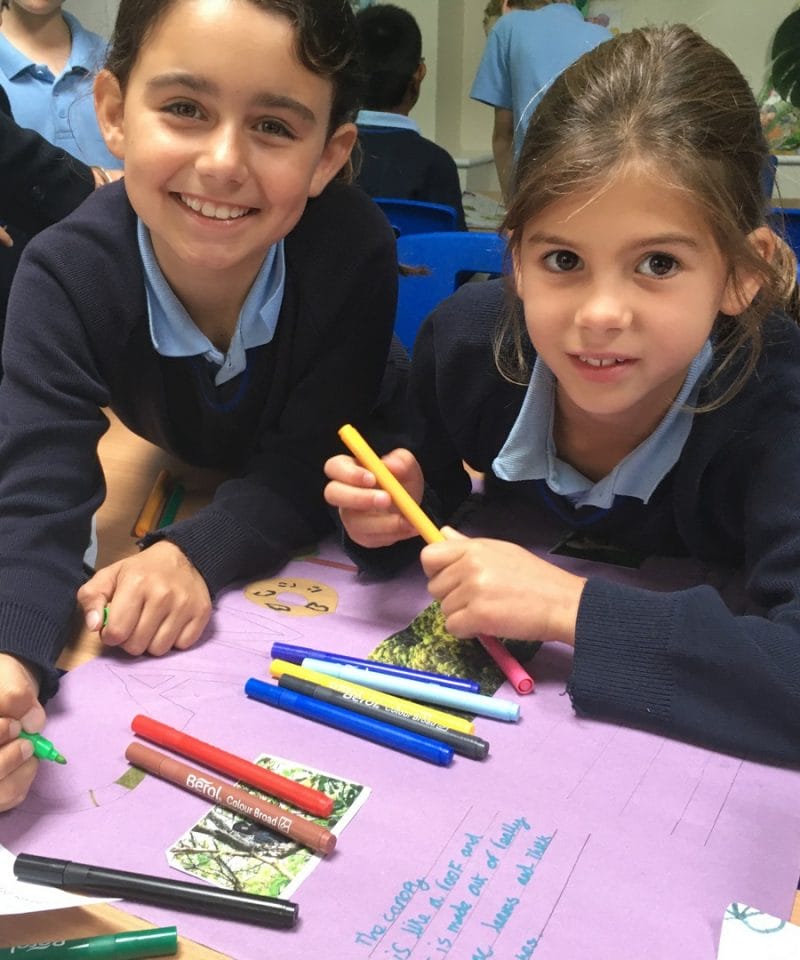 Pinewood prep school Year 4 girls making their rainforest posters in Geography
